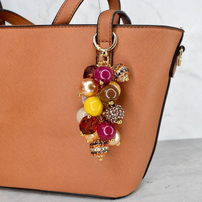 Fall Beaded Bag Charm: Gold and Burgundy Keychain Purse Accessory