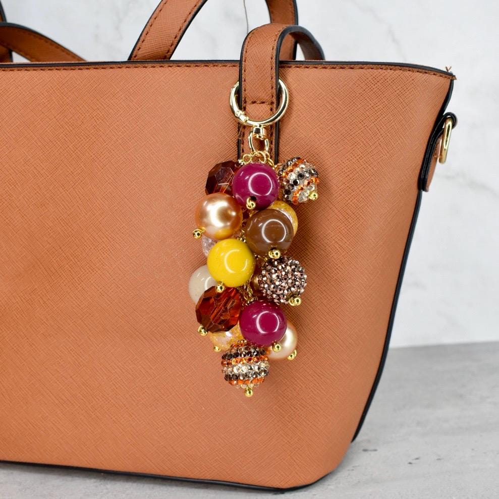 Fall Beaded Bag Charm: Gold and Burgundy Keychain Purse Accessory