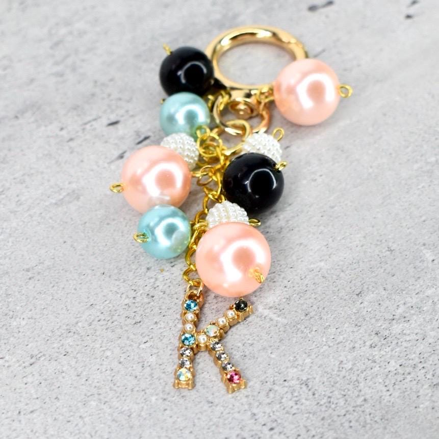 Pearl Beaded Bag Charm: Personalized Rhinestone Initial Keychain
