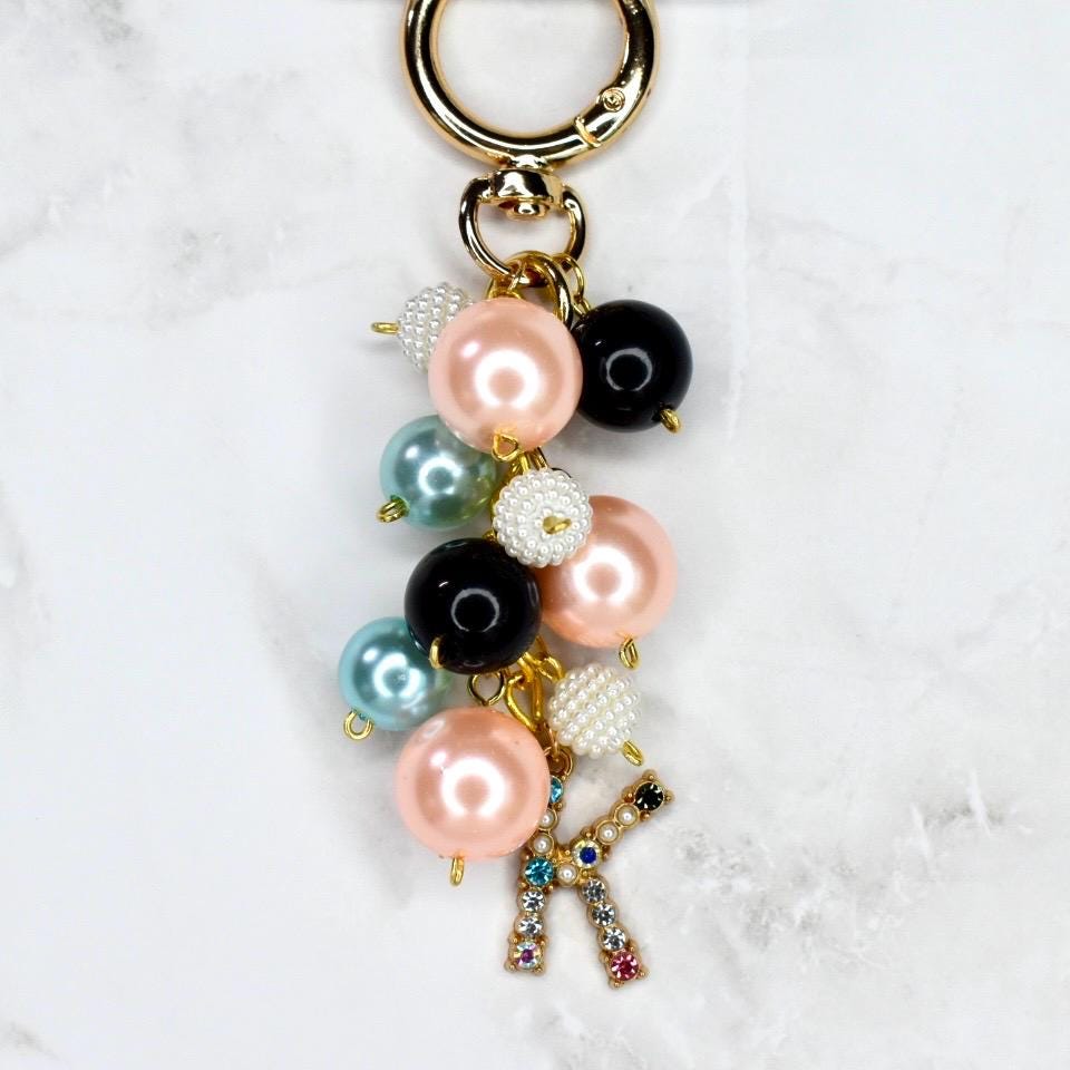 Pearl Beaded Bag Charm: Personalized Rhinestone Initial Keychain