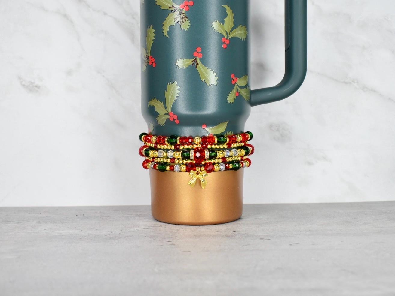 Handmade Christmas bracelet stack with holly charm red green gold silver beads versatile holiday jewelry and tumbler wrap gift idea
