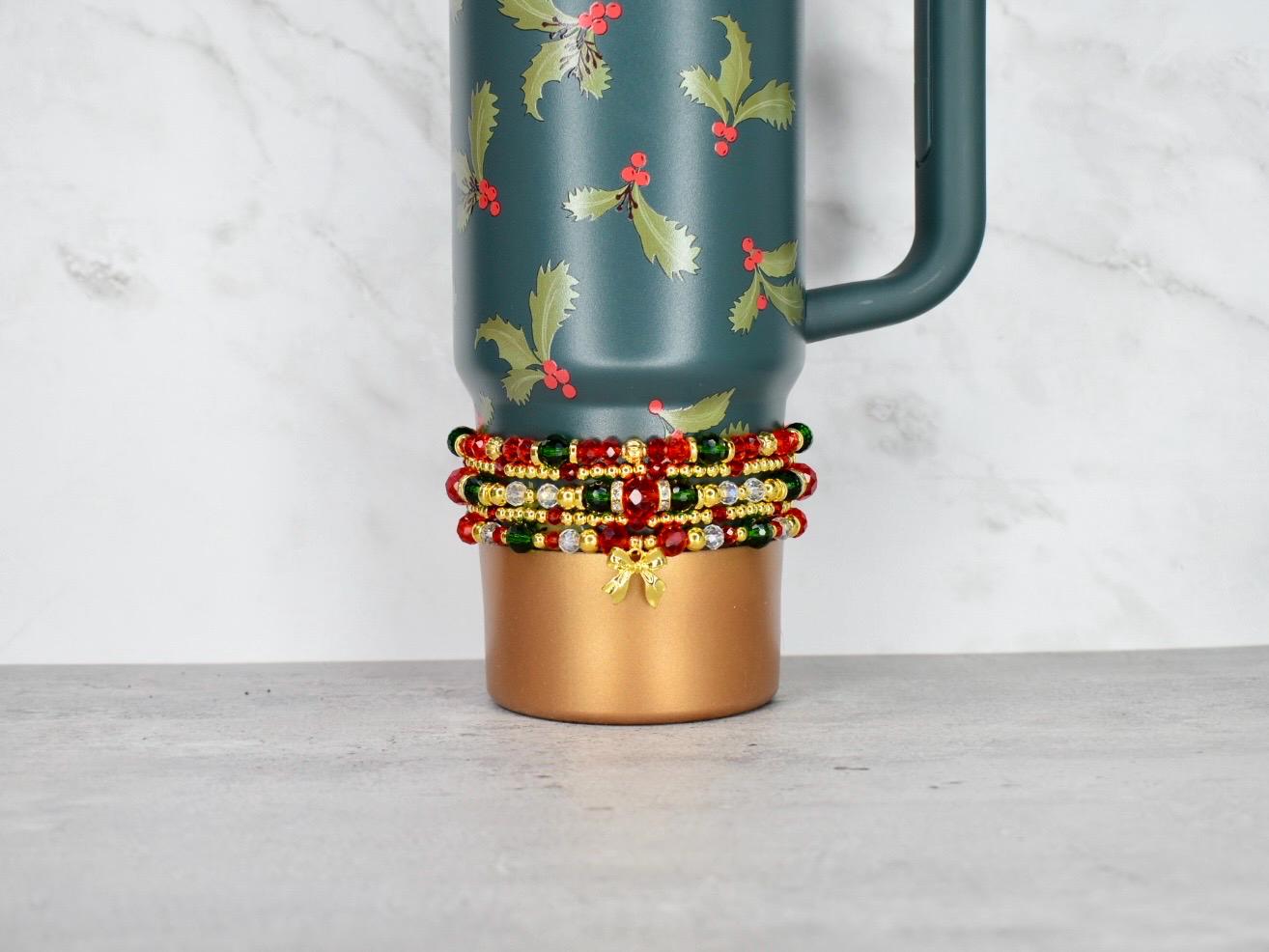 Handmade Christmas bracelet stack with holly charm red green gold silver beads versatile holiday jewelry and tumbler wrap gift idea