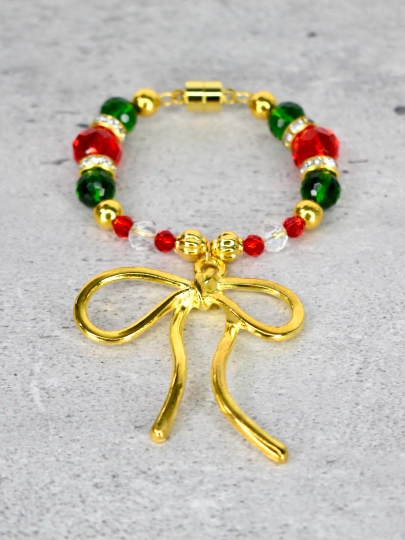 Holiday Botanical Tumbler Handle Charm Bracelet with Gold Bow Charm