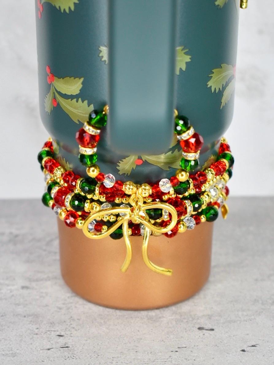 Holiday Botanical Tumbler Handle Charm Bracelet with Gold Bow Charm