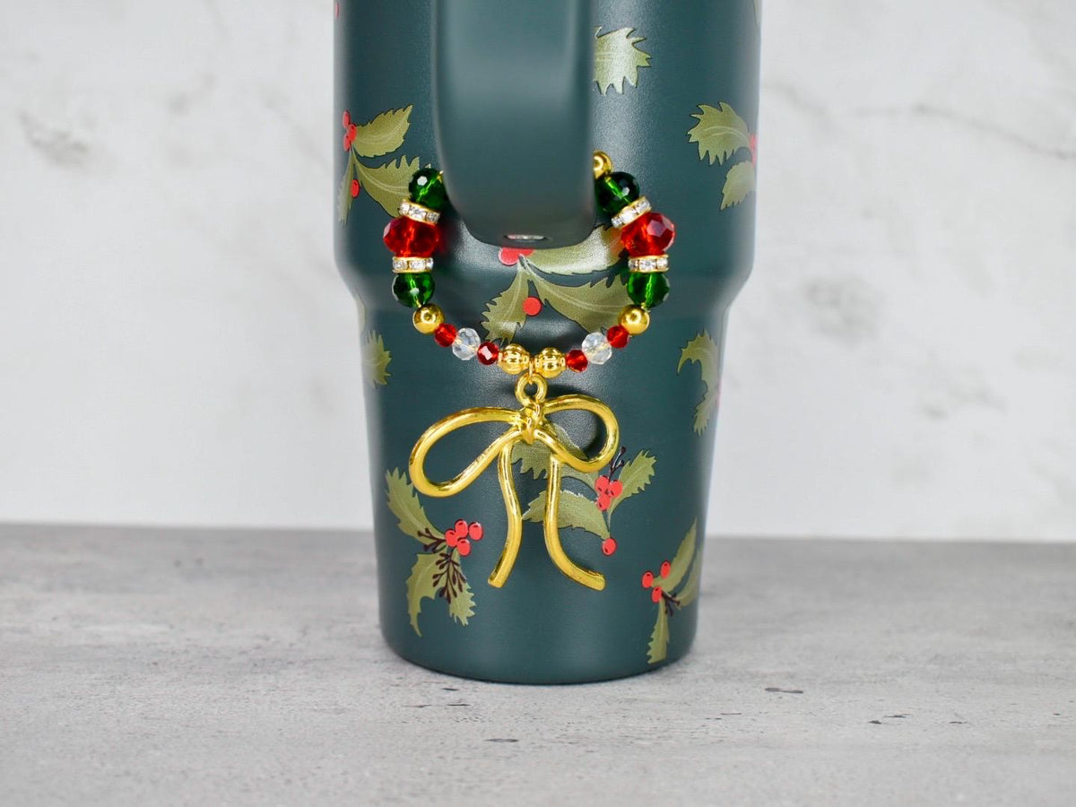 Holiday Botanical Tumbler Handle Charm Bracelet with Gold Bow Charm