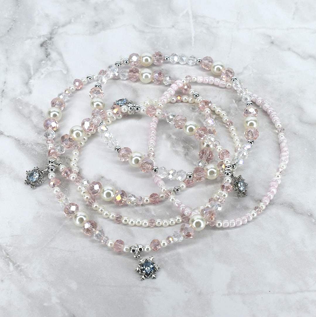 Handmade Pink and Pearl Bracelet Set with Snowflake Charms