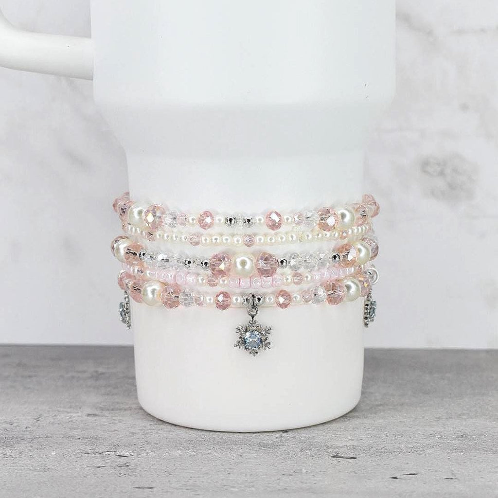 Handmade Pink and Pearl Bracelet Set with Snowflake Charms