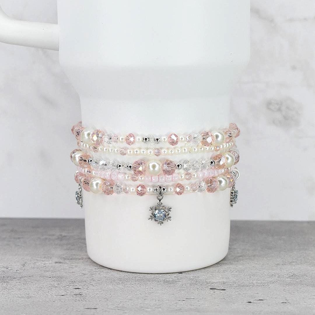 Handmade Pink and Pearl Bracelet Set with Snowflake Charms