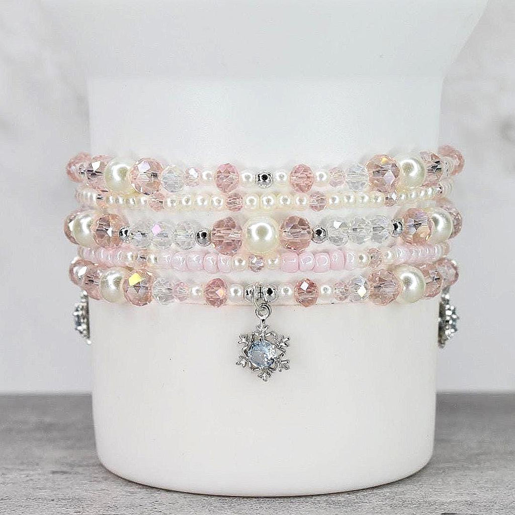 Handmade Pink and Pearl Bracelet Set with Snowflake Charms