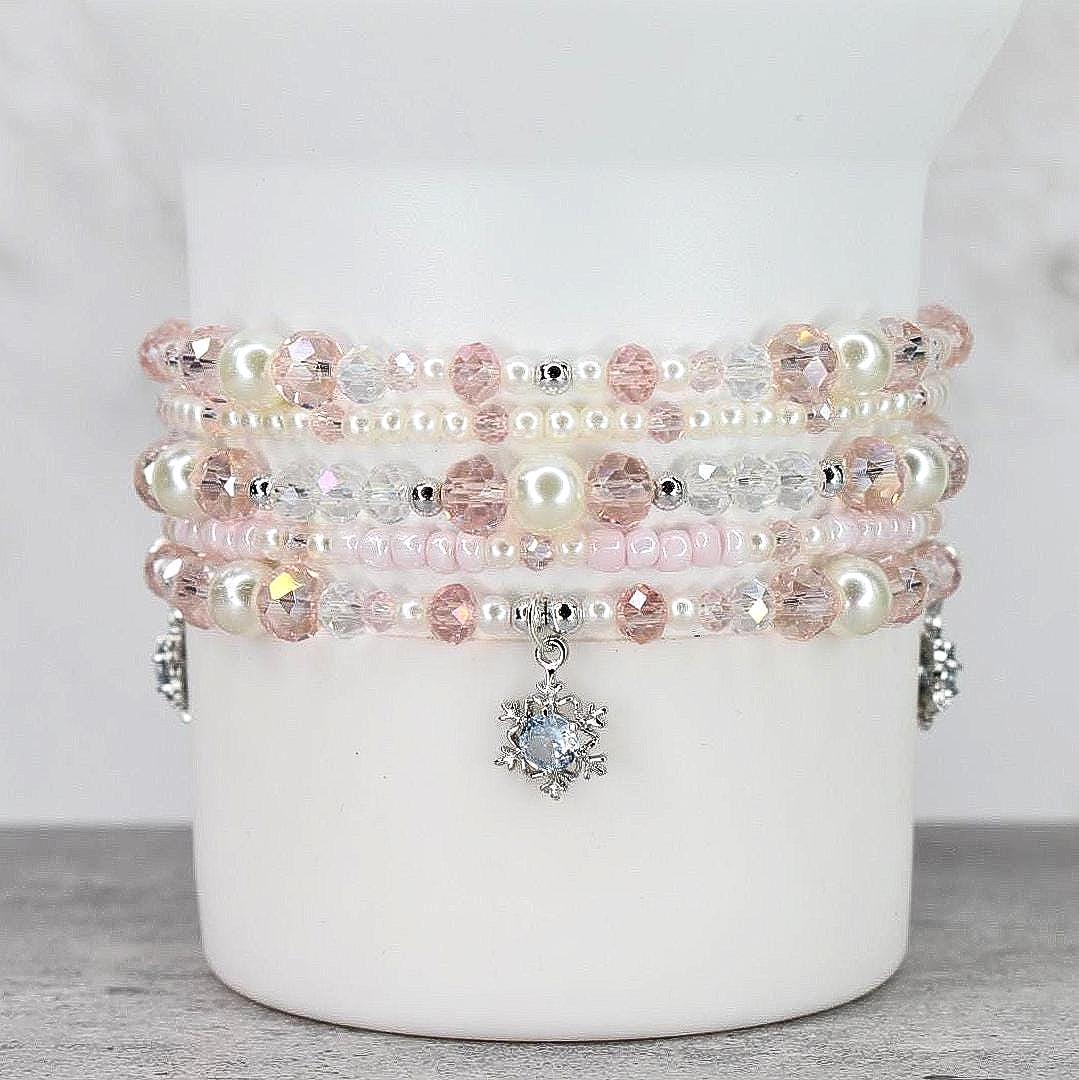 Handmade Pink and Pearl Bracelet Set with Snowflake Charms