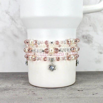 Perfect Gift Jewelry Blush Pearl Bracelets Stackable Collection Handmade Crystal Designs Individual Stretch Bangles Mix Match Options Dainty Feminine Style Wedding Accessory Idea Bridal Party Present Silver Accent Details Comfortable