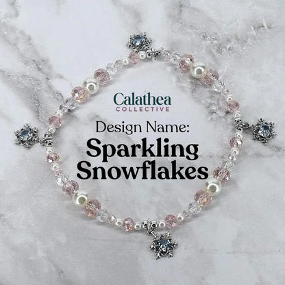 Handmade Pink Pearl Bracelet Set: Crystal Snowflake Charm, Beaded Stacking Bracelets