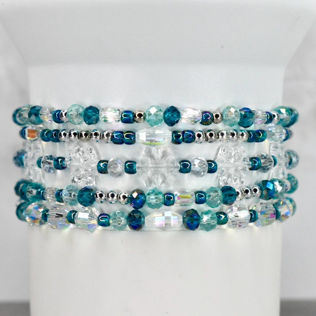 Ponderosa Shimmer Bracelet Collection: Turquoise, Silver and Crystal Beaded Bracelets with Snowflake Accent Beads