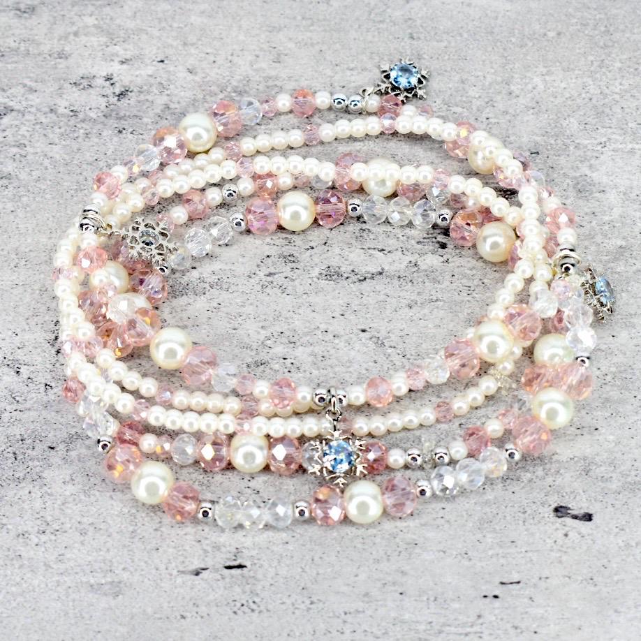 Handmade Pink and Pearl Bracelet Set with Snowflake Charms