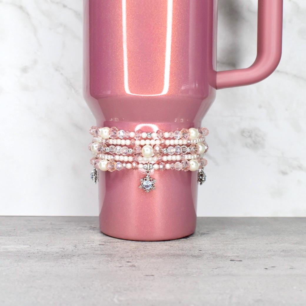 Handmade Pink and Pearl Bracelet Set with Snowflake Charms