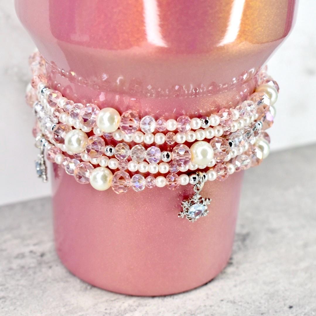 Handmade Pink and Pearl Bracelet Set with Snowflake Charms