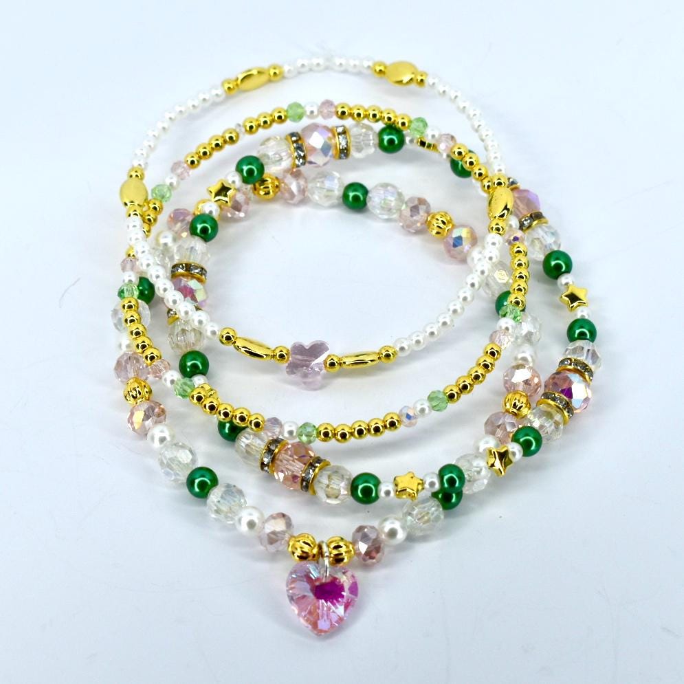 Ozian Reprise Bracelet Collection: Pink Green Crystal and Gold Beaded Bracelets
