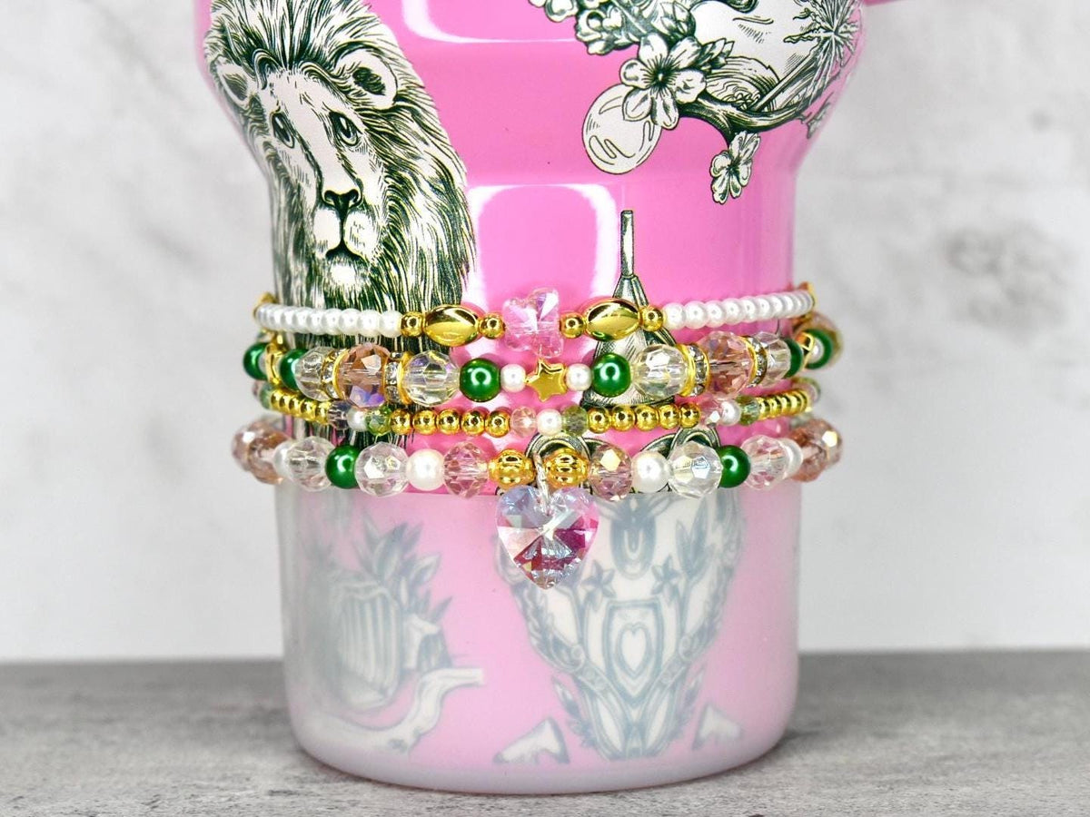 Ozian Reprise Bracelet Collection: Pink Green Crystal and Gold Beaded Bracelets
