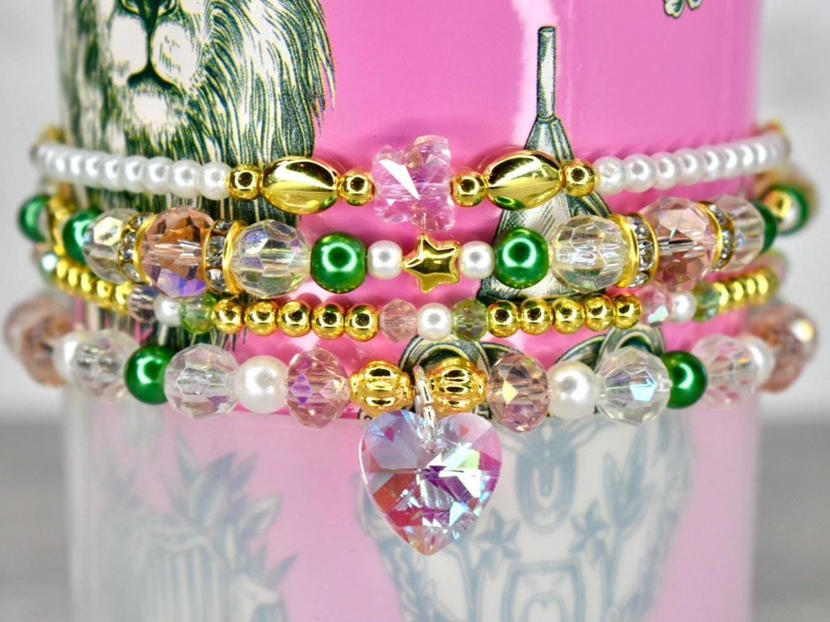 Ozian Reprise Bracelet Collection: Pink Green Crystal and Gold Beaded Bracelets