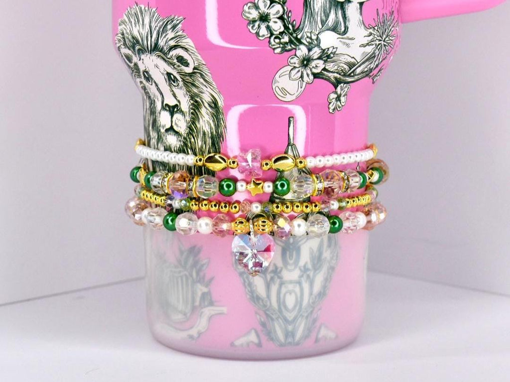 Ozian Reprise Bracelet Collection: Pink Green Crystal and Gold Beaded Bracelets