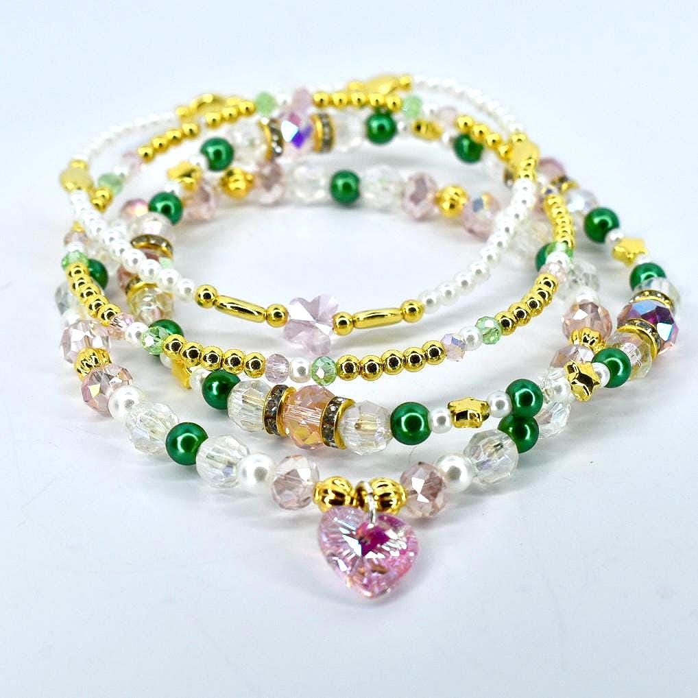 Ozian Reprise Bracelet Collection: Pink Green Crystal and Gold Beaded Bracelets