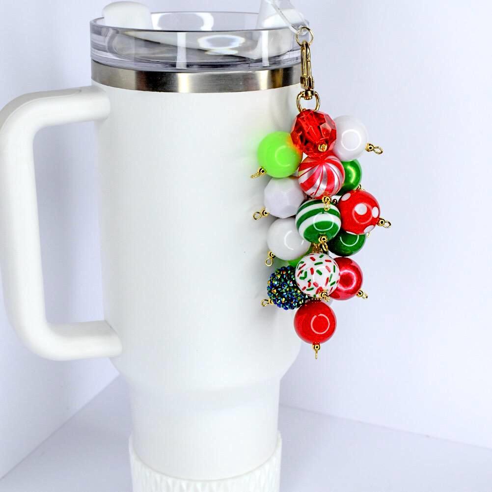 Tumbler Accessory Collection Christmas Straw Charm Holiday Drink Decoration Festive Cup Enhancement Seasonal Beverage Attachment Red Green White Beads Sparkly Rhinestone Detail Winter Celebration Design Gift Idea Stocking Stuffer Essential