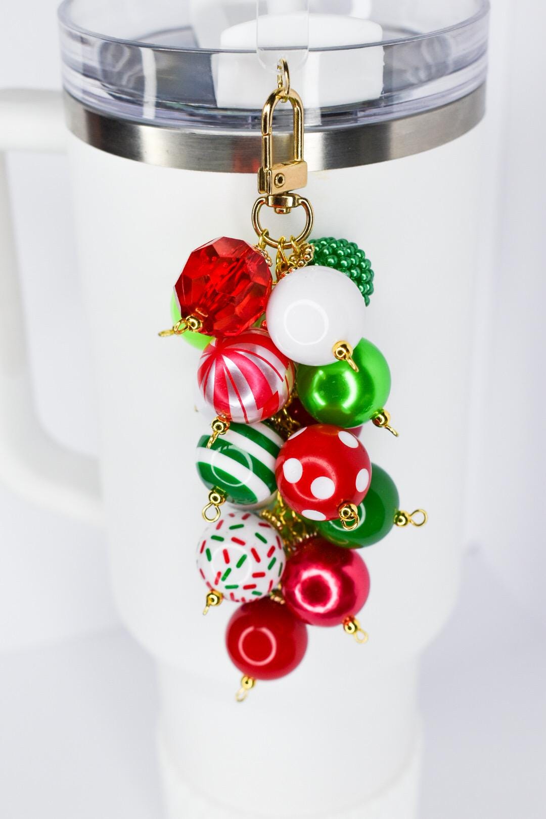 Holiday Tumbler Decoration Christmas Straw Charm Festive Drink Accessory Seasonal Cup Adornment Gift Idea Stocking Stuffer Red Green White Beads Sparkly Rhinestone Detail Winter Holiday Collection Beverage Enhancement Christmas Party