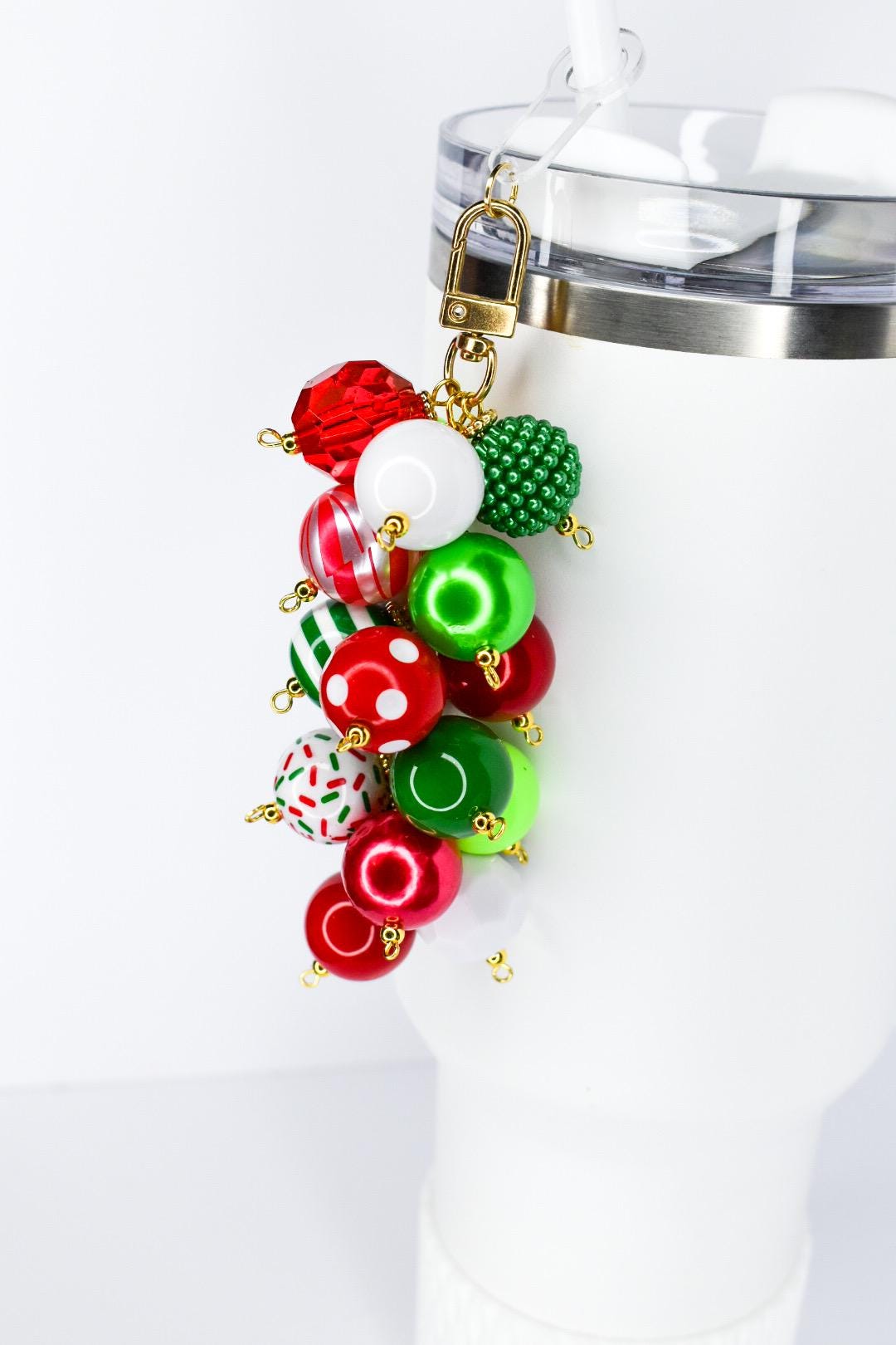 Seasonal Drink Accessory Christmas Straw Charm Festive Tumbler Decoration Holiday Cup Enhancement Beverage Embellishment Red Green White Beads Sparkly Rhinestone Detail Winter Celebration Design Gift Idea Stocking Stuffer Essential Holiday