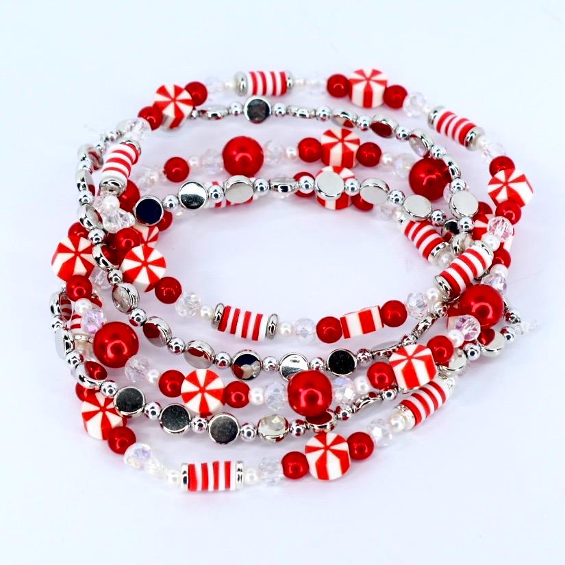 Red and White Candy Cane Twist Beaded Bracelet Collection