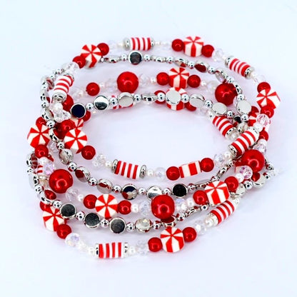 Red and White Candy Cane Twist Beaded Bracelet Collection