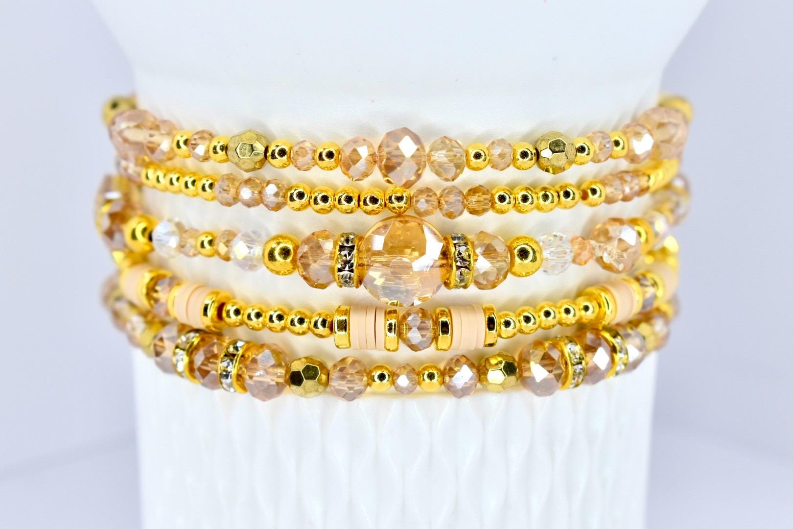 Sparkle Accessory Bracelet Champagne Crystal Collection Gold Beaded Jewelry Dainty Design Elegant Shimmer Effect Faceted Beads Stackable Style Mix Match Look Gift Women Special Occasion Celebration Jewelry Party Wear Premium Quality