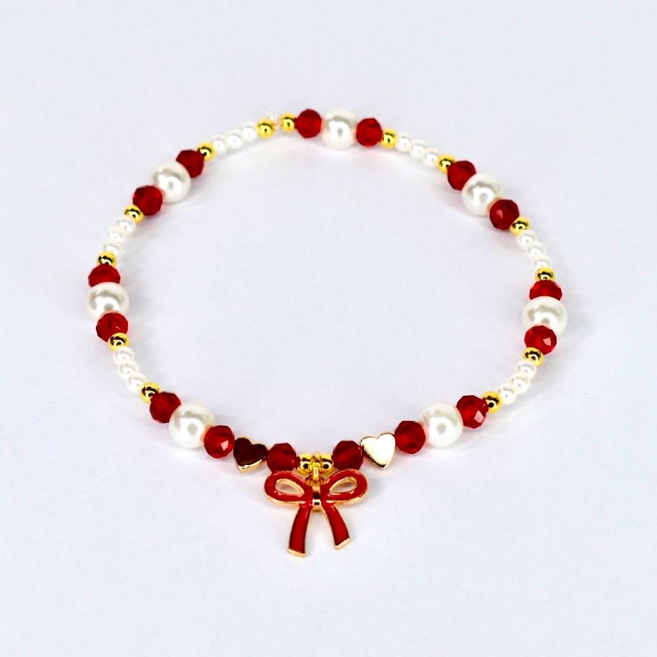 Red Ribbon Charm Bracelet Collection: Red, Gold and Pearl Beaded Bracelets