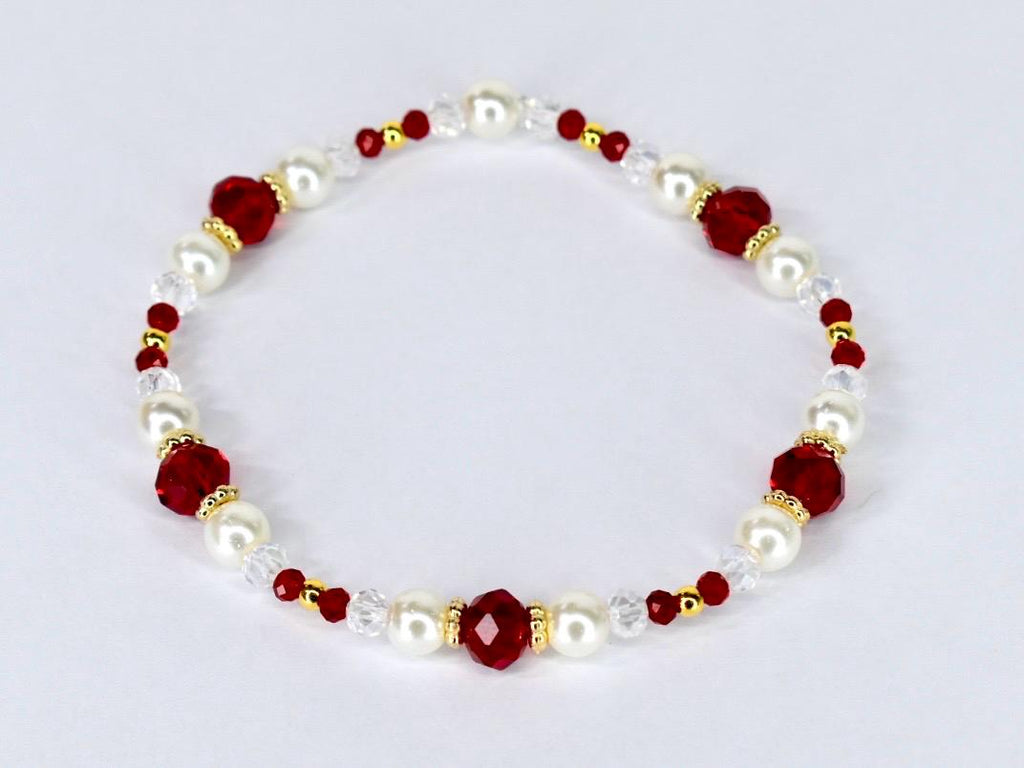 Red Ribbon Charm Bracelet Collection: Red, Gold and Pearl Beaded Bracelets