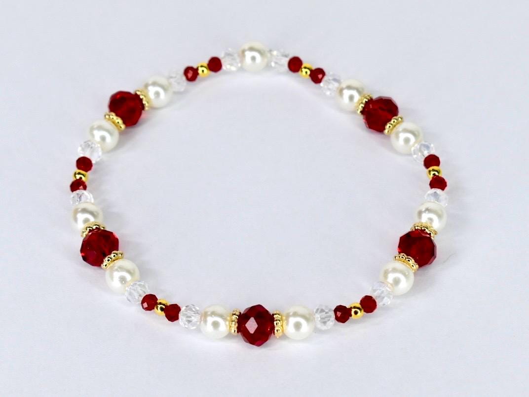 Red Ribbon Charm Bracelet Collection: Red, Gold and Pearl Beaded Bracelets