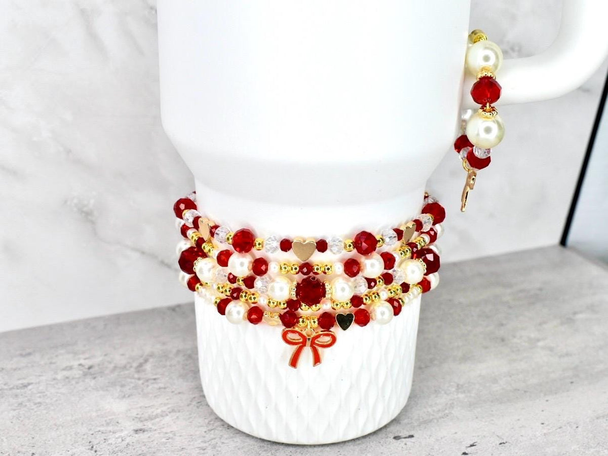 Red Ribbon Charm Bracelet Collection: Red, Gold and Pearl Beaded Bracelets