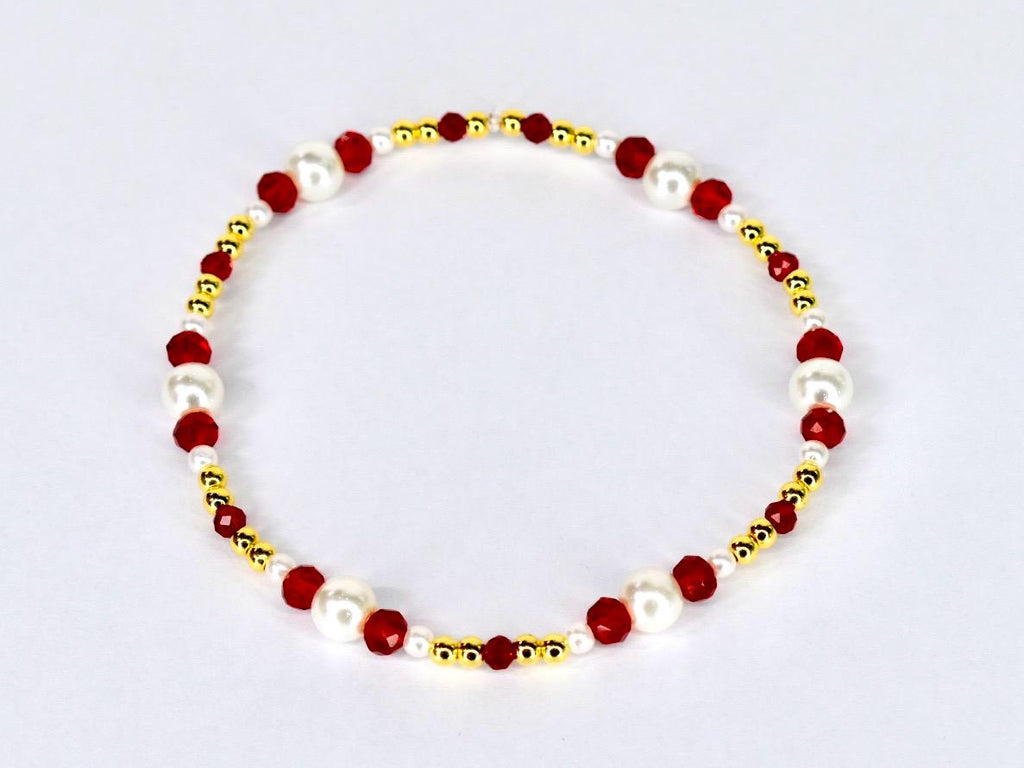 Red Ribbon Charm Bracelet Collection: Red, Gold and Pearl Beaded Bracelets