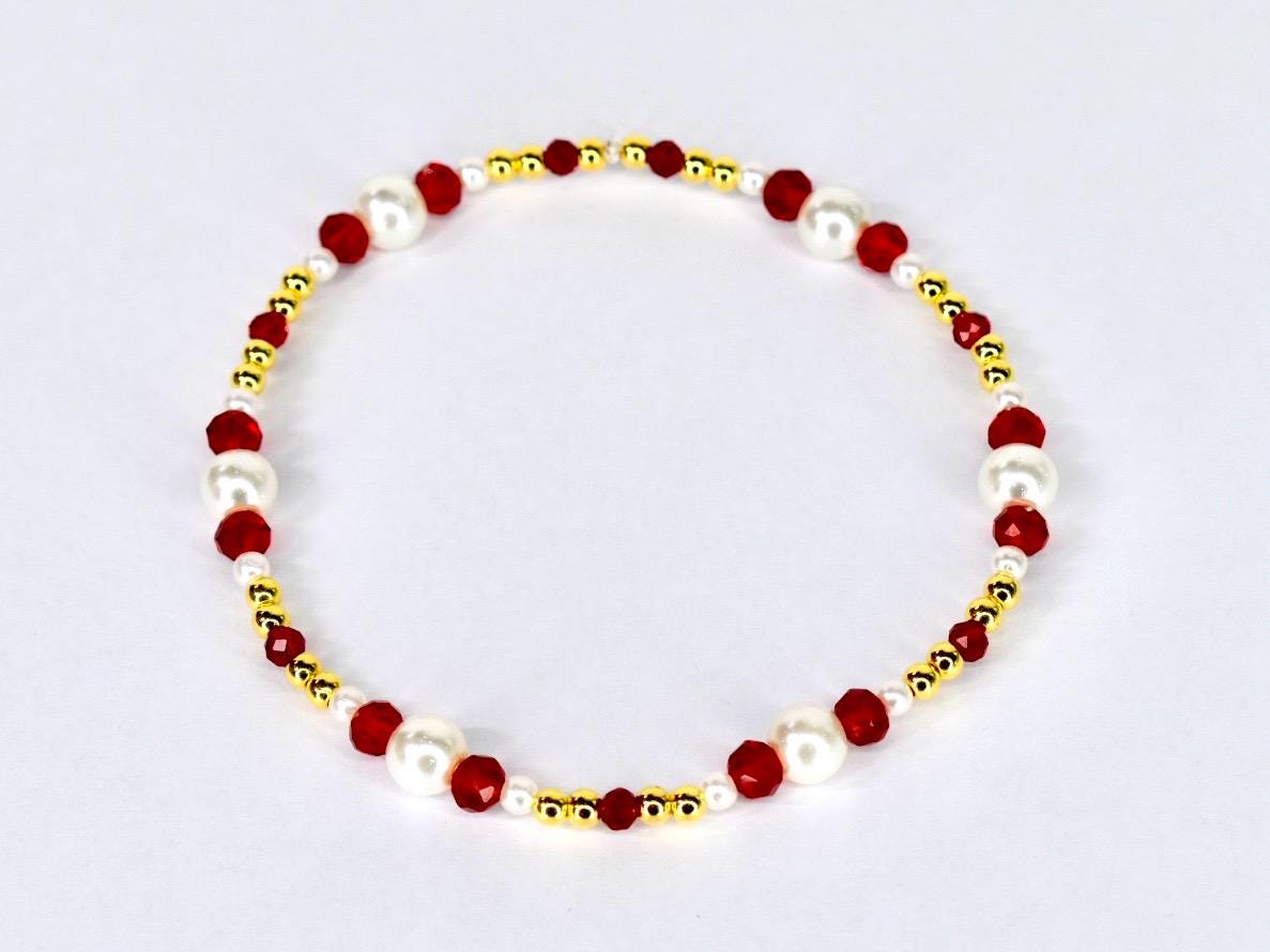 Red Ribbon Charm Bracelet Collection: Red, Gold and Pearl Beaded Bracelets