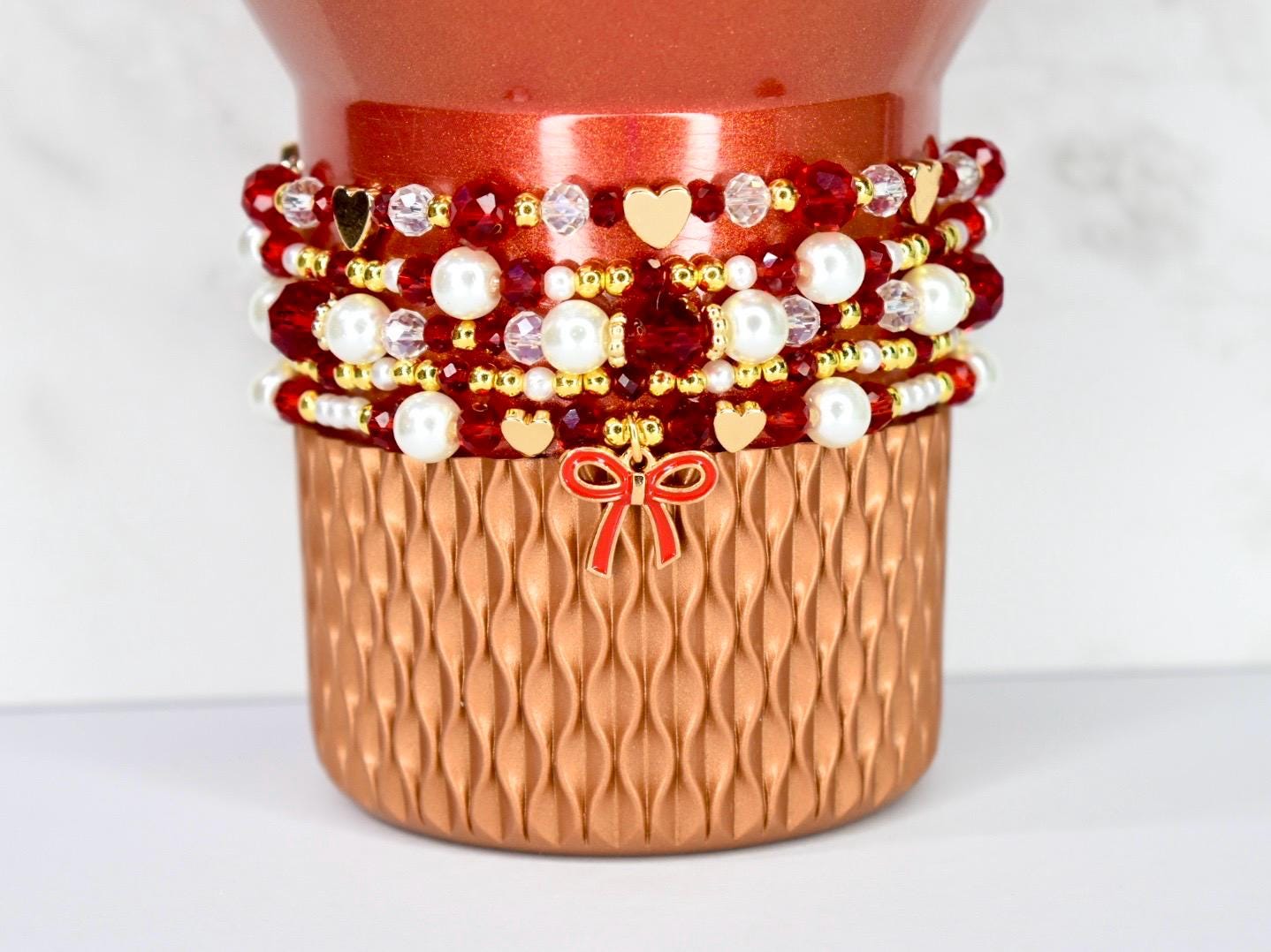 Red Ribbon Charm Bracelet Collection: Red, Gold and Pearl Beaded Bracelets