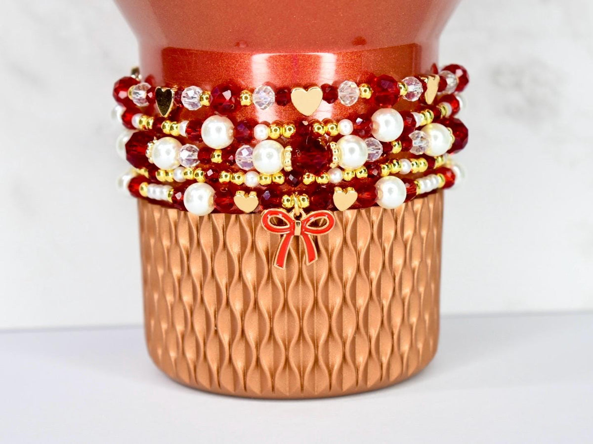 Red Ribbon Charm Bracelet Collection: Red, Gold and Pearl Beaded Bracelets