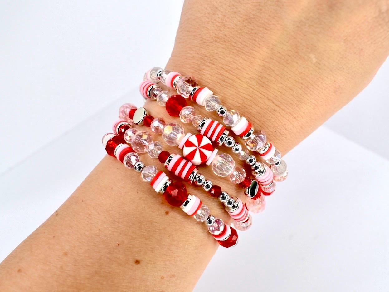 Red Pink and White Peppermint Strawberry Twist Bracelet Collection