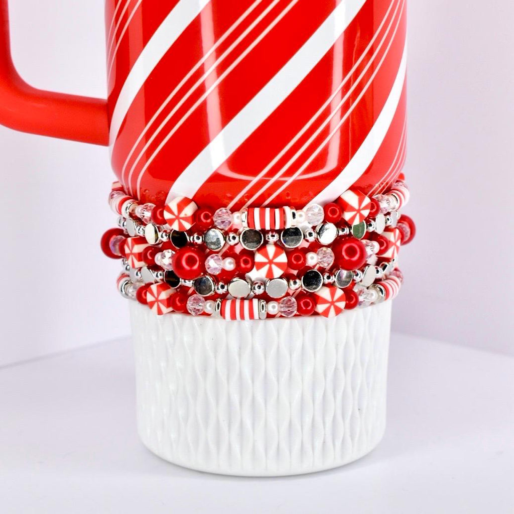 Red and White Candy Cane Twist Beaded Bracelet Collection