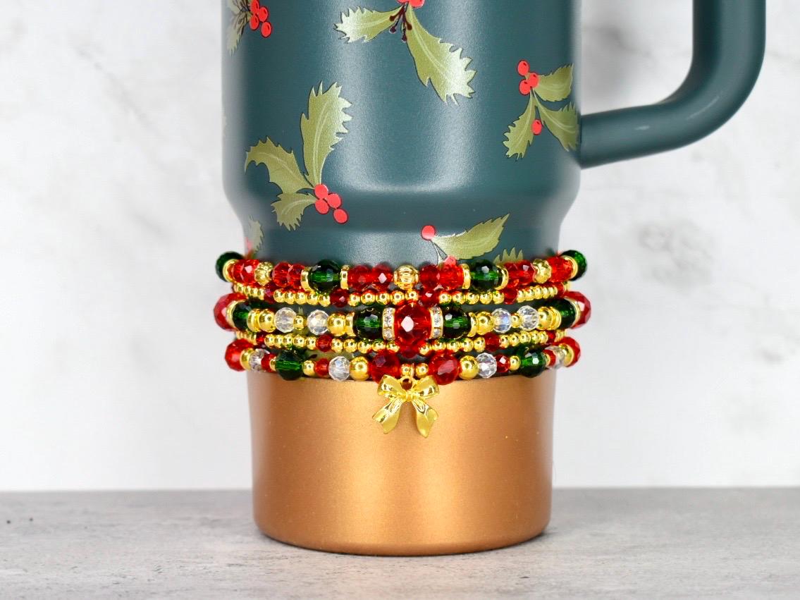 Holiday Botanical Beaded Bracelet Collection with Festive Gold Bow Charm