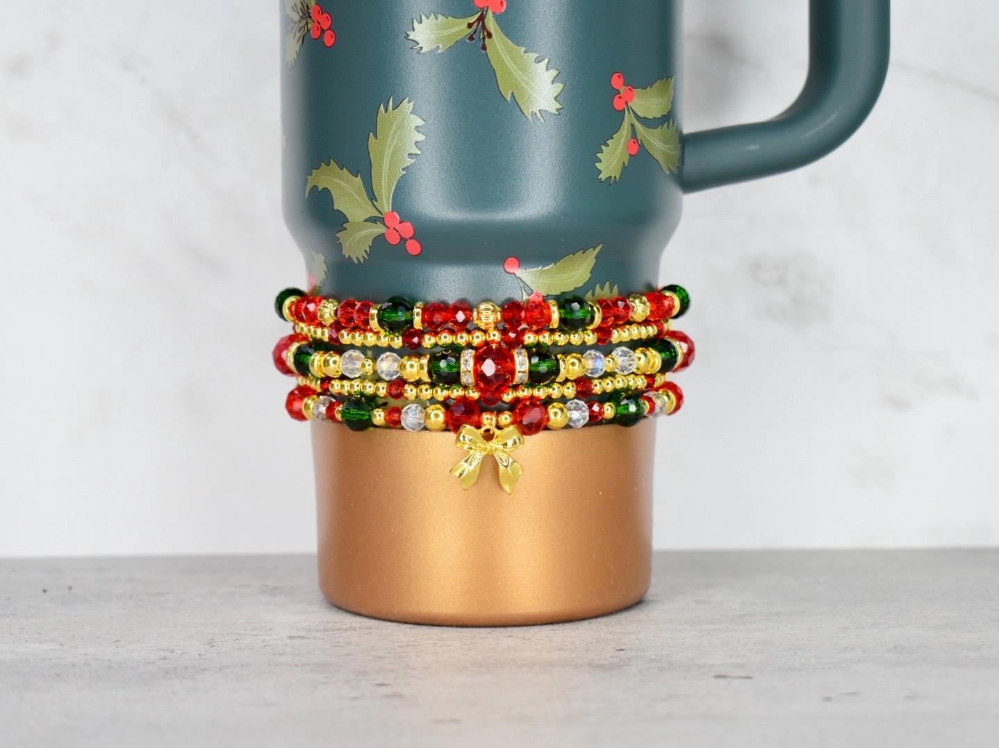 Holiday Botanical Beaded Bracelet Collection with Festive Gold Bow Charm