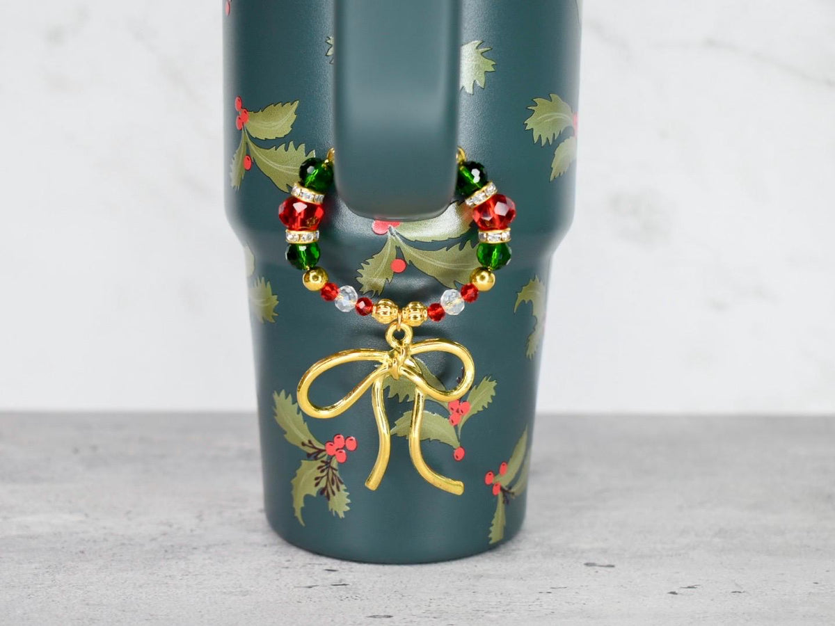 Holiday Botanical Tumbler Handle Charm Bracelet with Gold Bow Charm