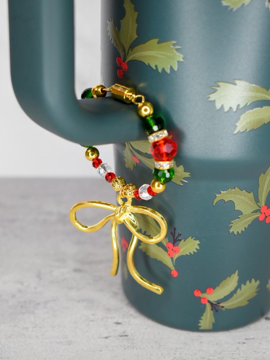 Holiday Botanical Tumbler Handle Charm Bracelet with Gold Bow Charm