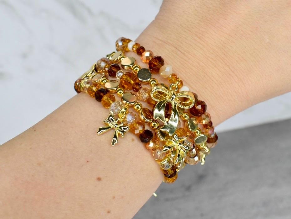 Chocolate Brown and Gold Bracelet Collection - Bow Charm Bracelets
