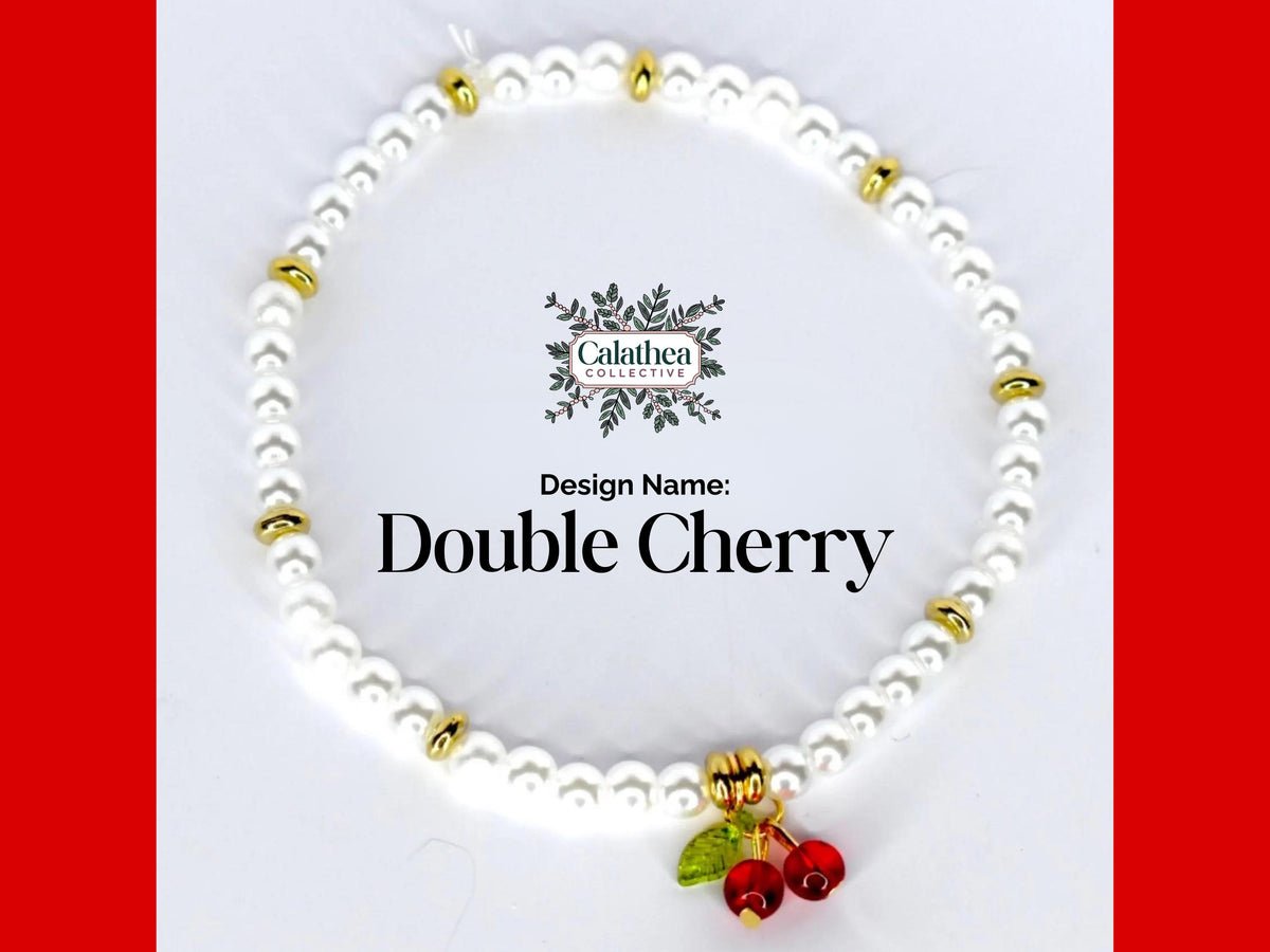 Cherry Charm Bracelet Collection with Red White and Gold Beads