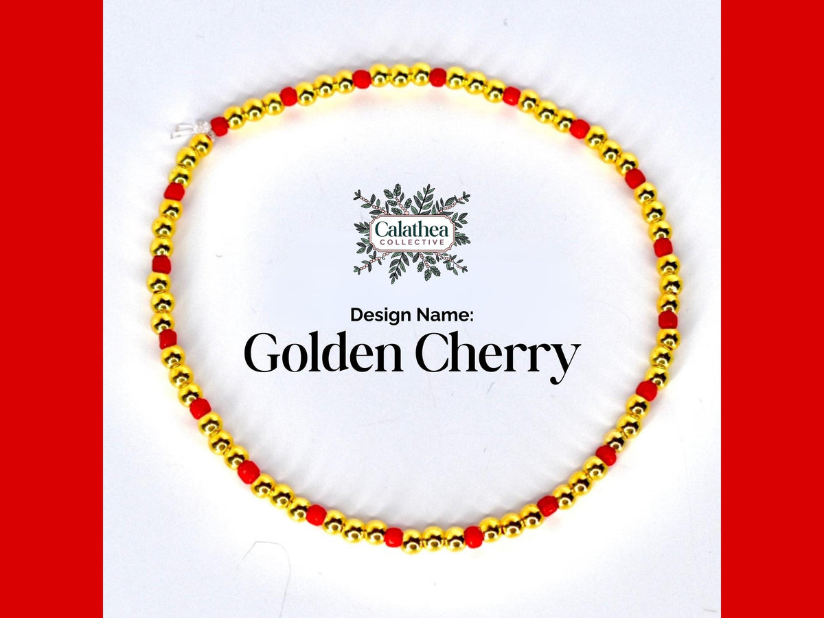 Cherry Charm Bracelet Collection with Red White and Gold Beads