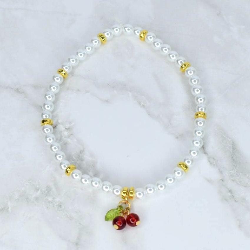Cherry Charm Bracelet Collection with Red White and Gold Beads