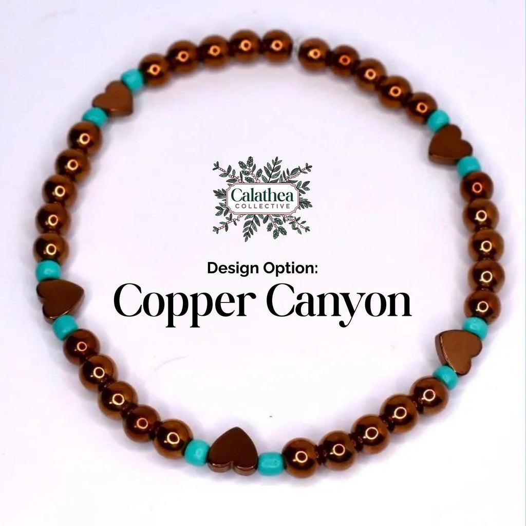 Copper Canyon design bracelet. The bracelet features copper-colored beads, turquoise beads, and heart-shaped copper charms. The design is displayed on a white background with a teal border. The text 'Design Option: Copper Canyon' are also visible.